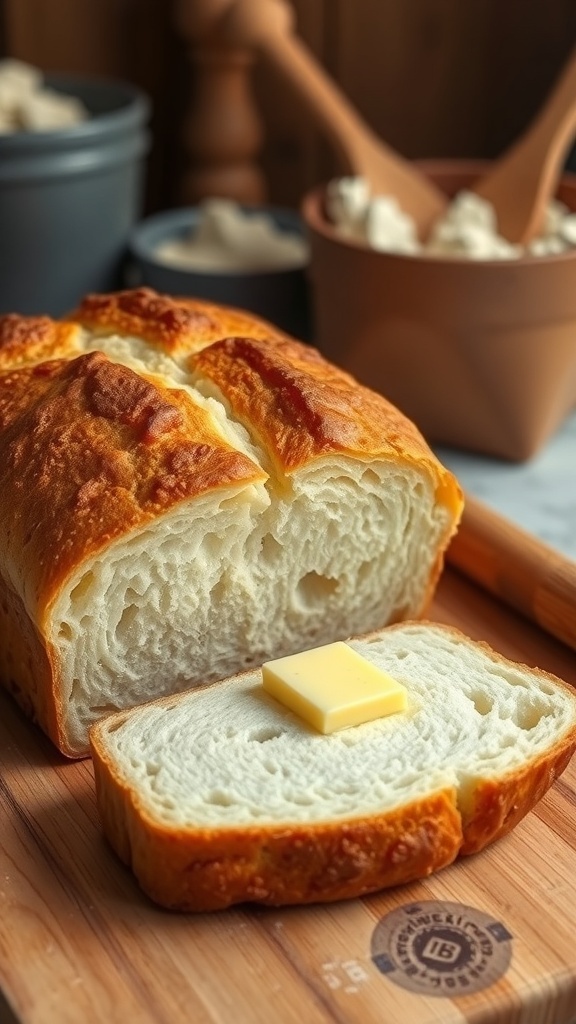 A golden brown loaf of no-yeast bread sliced on a wooden board with butter.